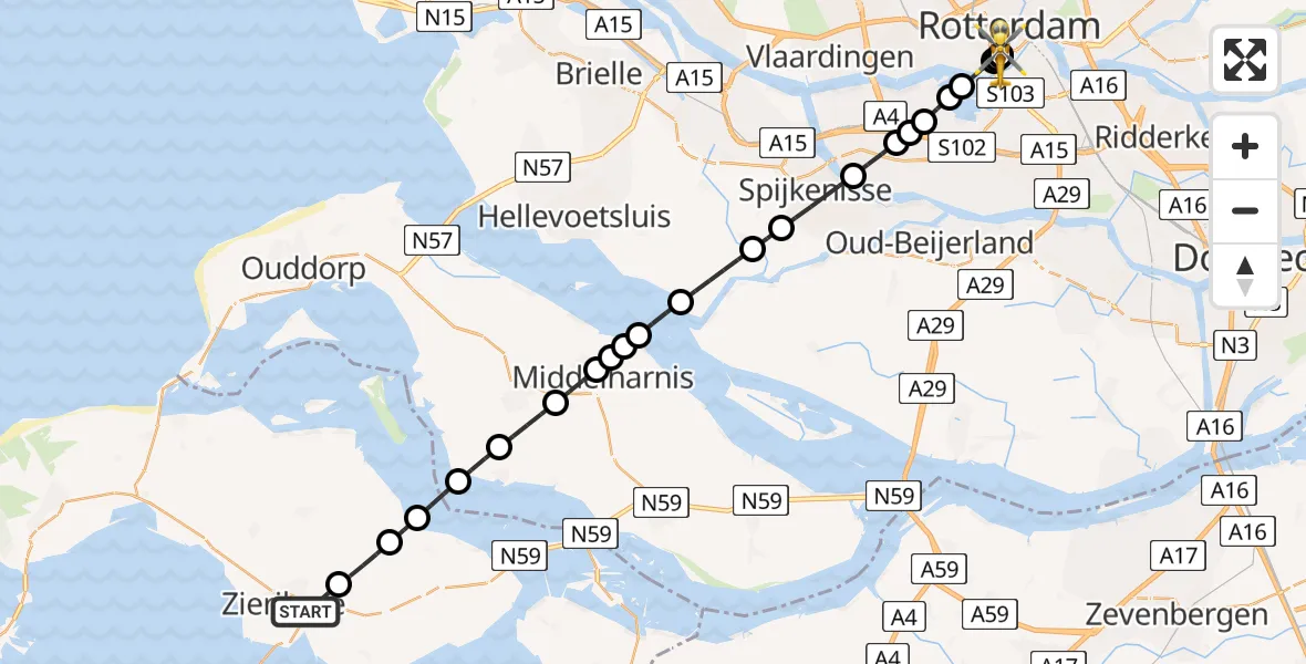 Vluchtroute Traumahelikopter Zierikzee - Erasmus MC, 23 juni 2026, 02:42
