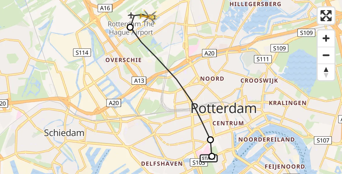 Vluchtroute Traumahelikopter Erasmus MC - Rotterdam The Hague Airport, 23 juni 2026, 03:43