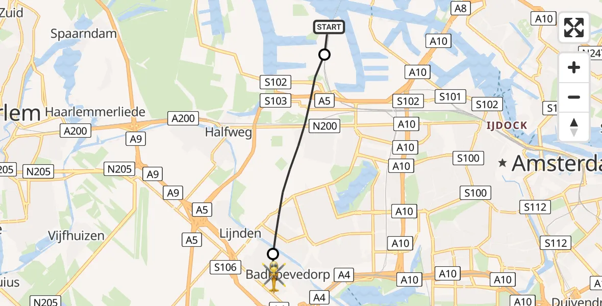 Vluchtroute Traumahelikopter Amsterdam Heliport - Badhoevedorp, 23 juni 2026, 08:59