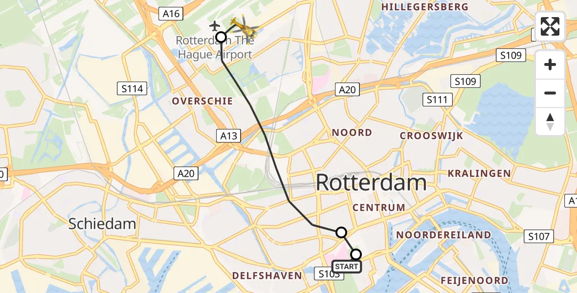 Vluchtroute Traumahelikopter Erasmus MC - Rotterdam The Hague Airport, 23 juni 2026, 08:59