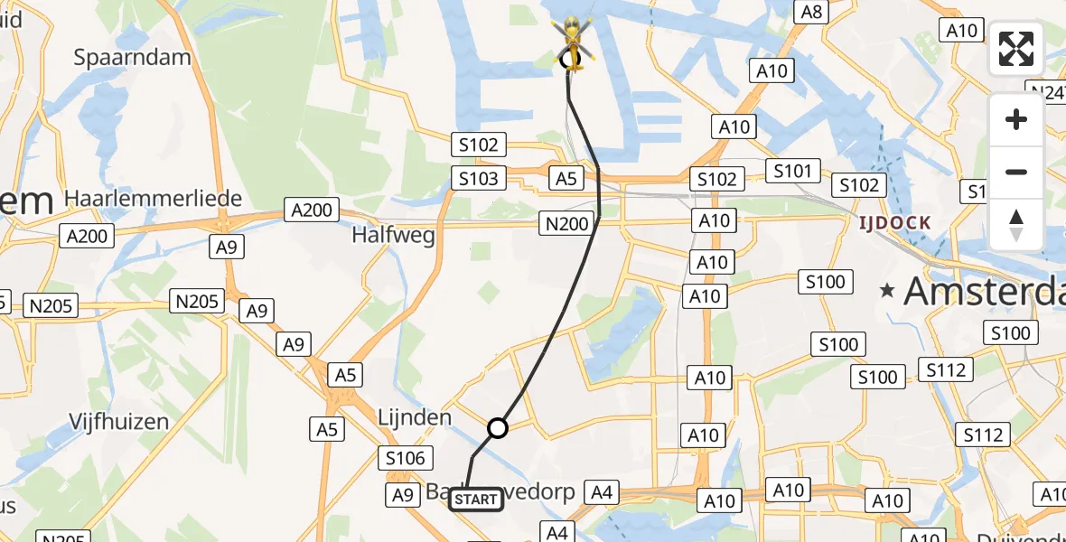 Vluchtroute Traumahelikopter Badhoevedorp - Amsterdam Heliport, 23 juni 2026, 09:29