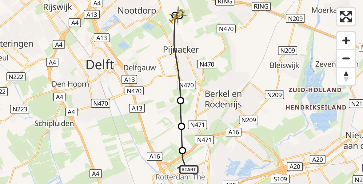 Vluchtroute Traumahelikopter Rotterdam The Hague Airport - Pijnacker, 23 juni 2026, 09:34