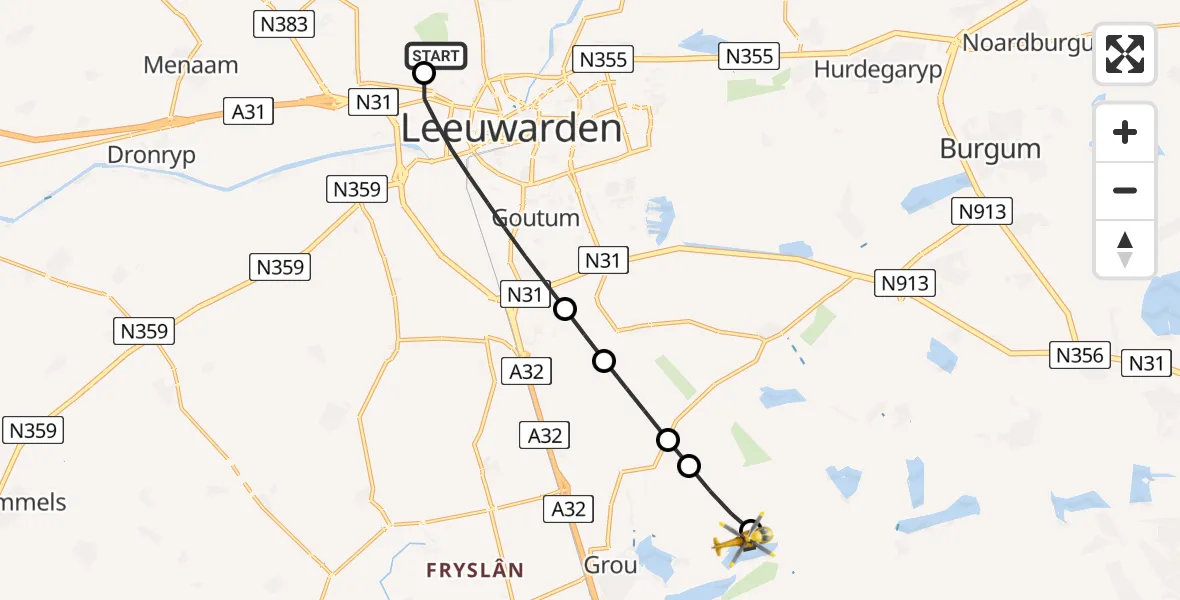 Vluchtroute Ambulancehelikopter Vliegbasis Leeuwarden - Oudega, 23 juni 2026, 10:08