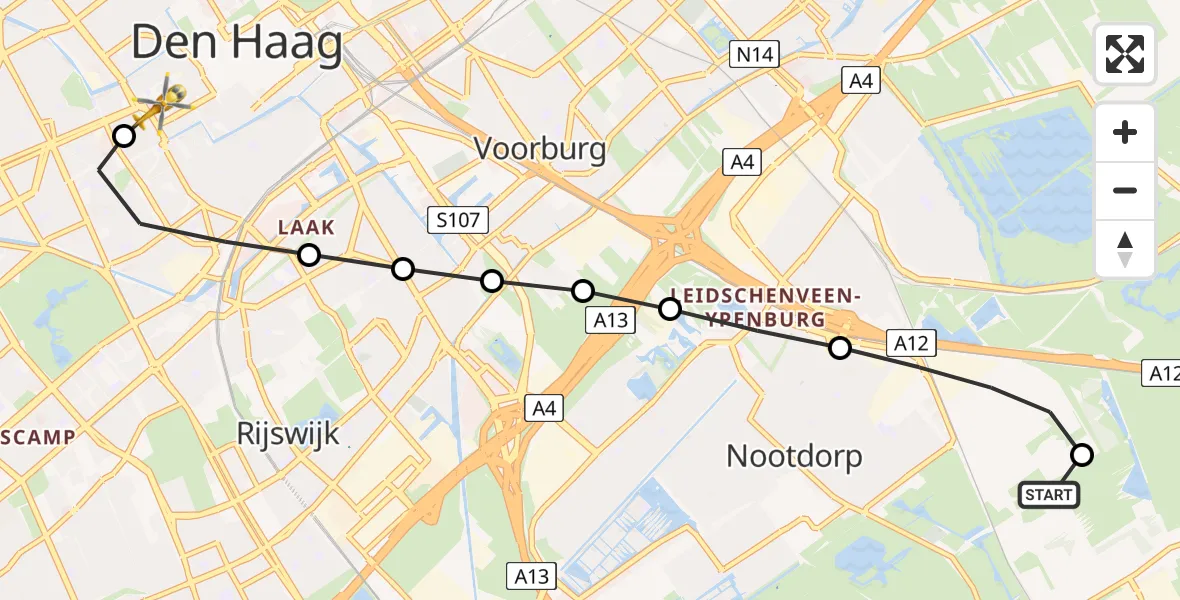 Vluchtroute Traumahelikopter Pijnacker - HMC Westeinde Heliport, 23 juni 2026, 10:12