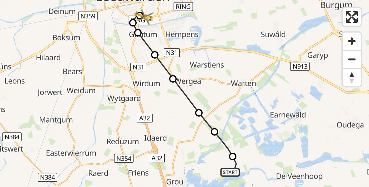 Vluchtroute Ambulancehelikopter Oudega - Leeuwarden Medical Center Heliport, 23 juni 2026, 11:06