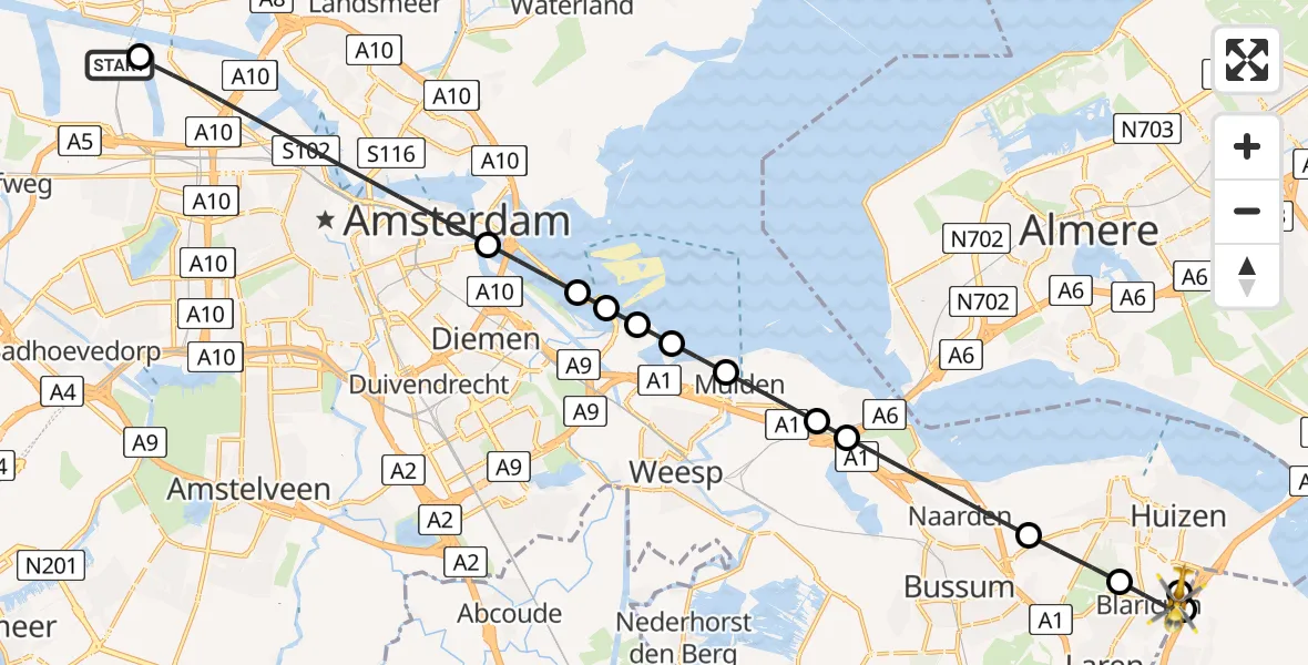Vluchtroute Traumahelikopter Amsterdam Heliport - Blaricum, 23 juni 2026, 11:11