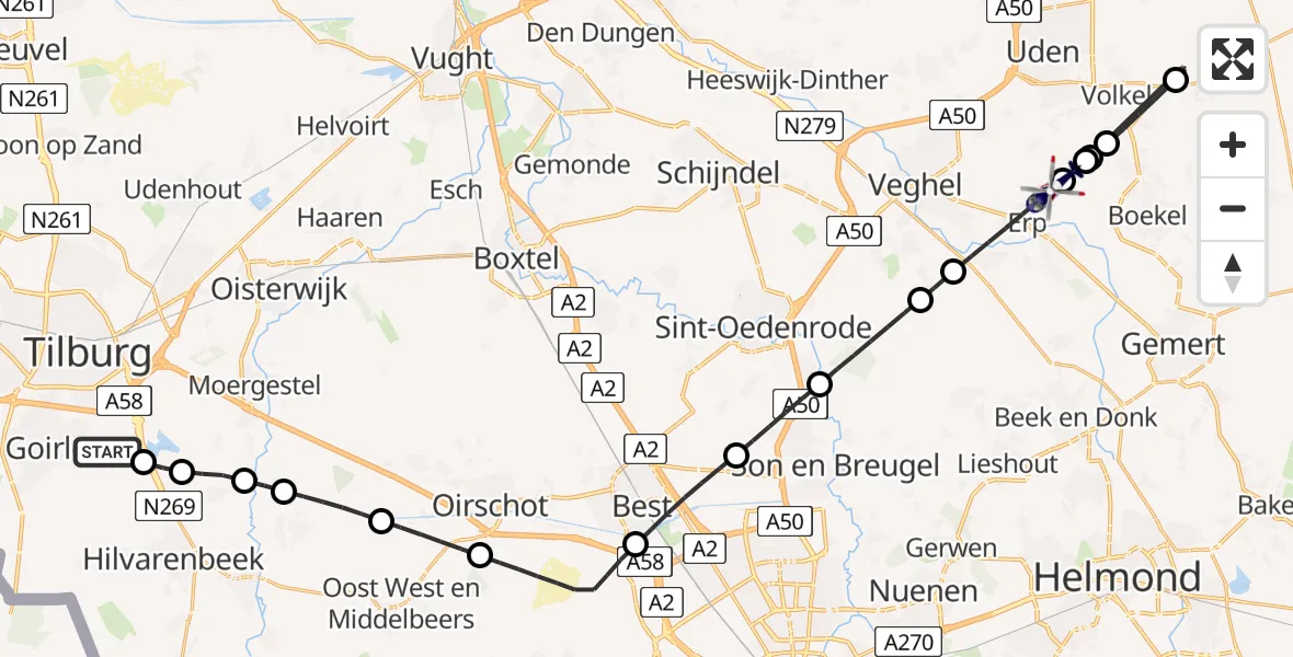 Vluchtroute Politiehelikopter Goirle - Erp, 23 juni 2026, 13:05