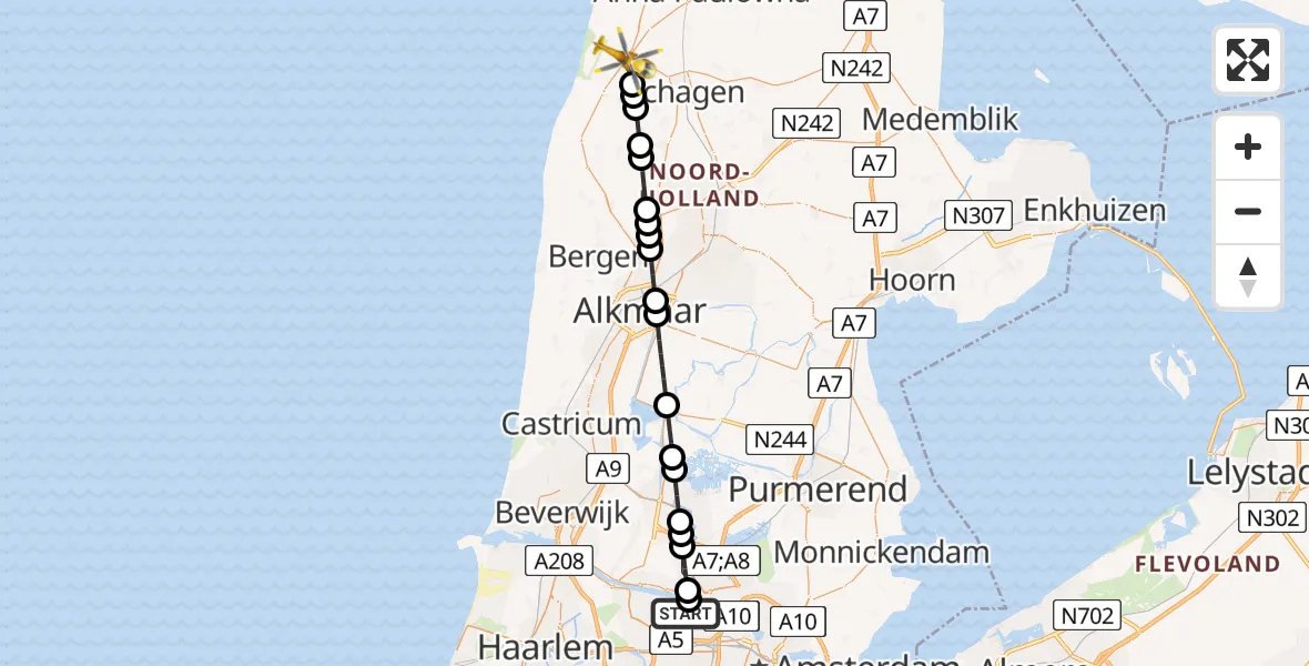 Vluchtroute Traumahelikopter Amsterdam Heliport - Schagerbrug, 23 juni 2026, 13:43