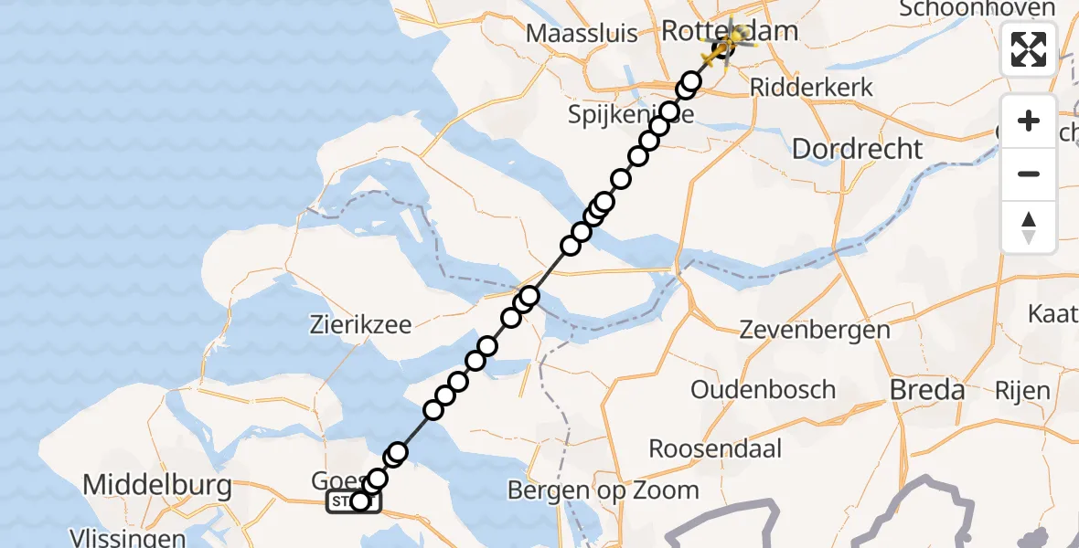 Vluchtroute Traumahelikopter Admiral De Ruyter Hospital Heliport - Erasmus MC, 23 juni 2026, 14:10
