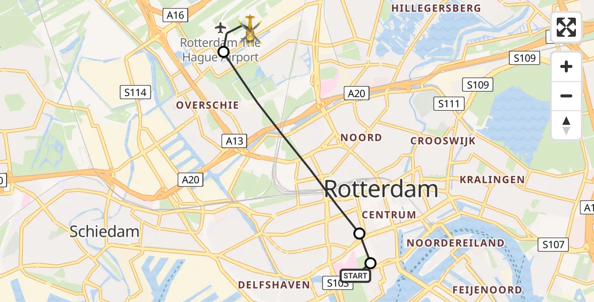 Vluchtroute Traumahelikopter Erasmus MC - Rotterdam The Hague Airport, 23 juni 2026, 15:02