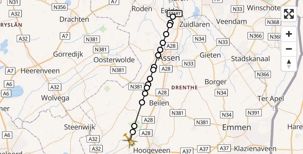 Vluchtroute Traumahelikopter Groningen Airport Eelde - Ruinen, 23 juni 2026, 16:33