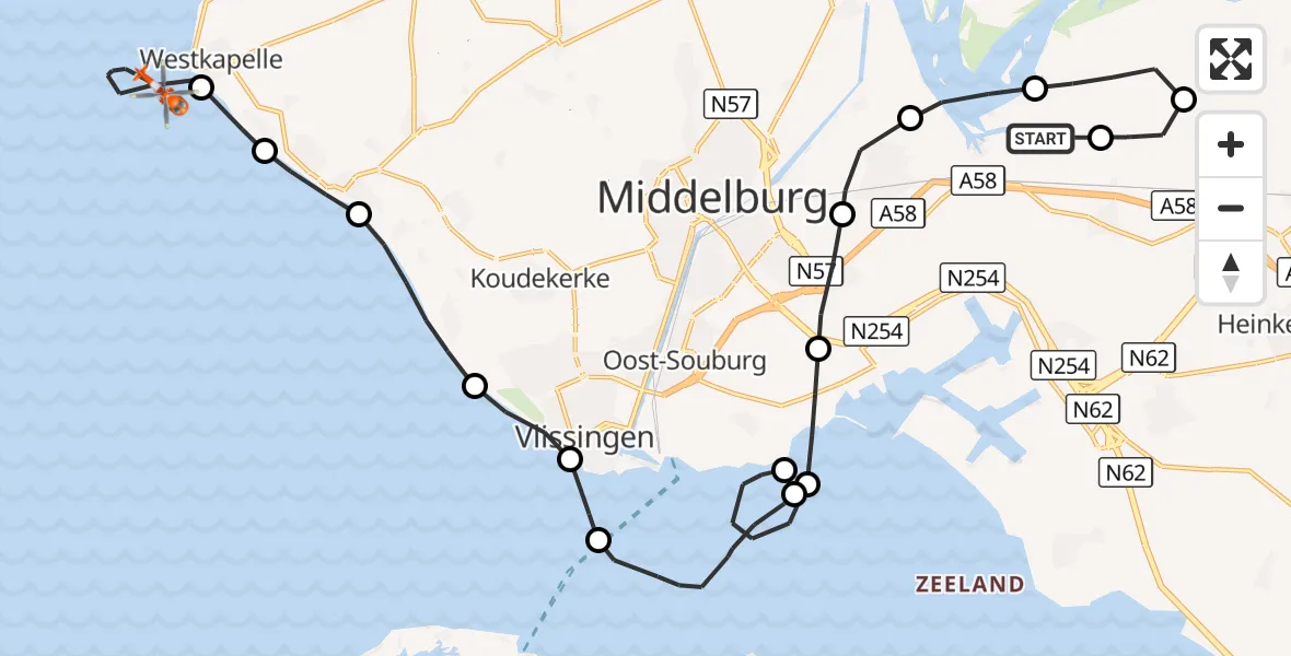 Vluchtroute Kustwachthelikopter Vliegveld Midden-Zeeland - Noordzee, 23 juni 2026, 17:18
