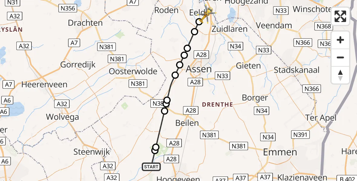 Vluchtroute Traumahelikopter Ruinen - Groningen Airport Eelde, 23 juni 2026, 17:24