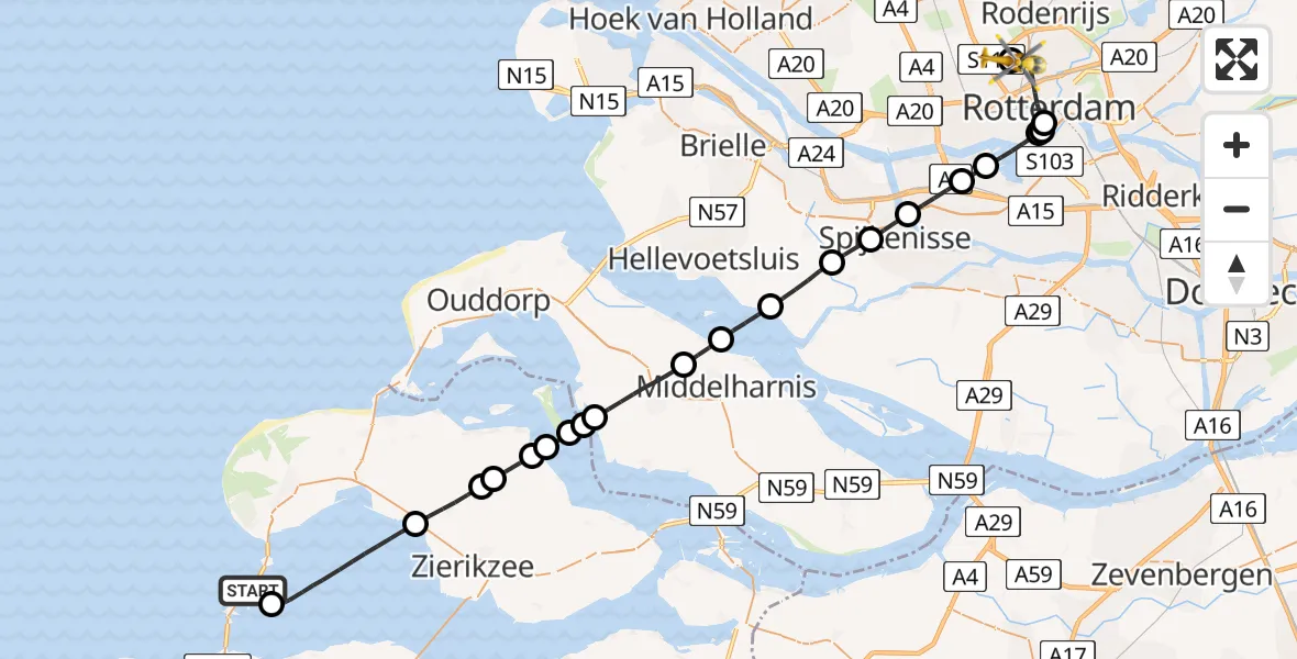 Vluchtroute Traumahelikopter Vrouwenpolder - Rotterdam The Hague Airport, 23 juni 2026, 18:10
