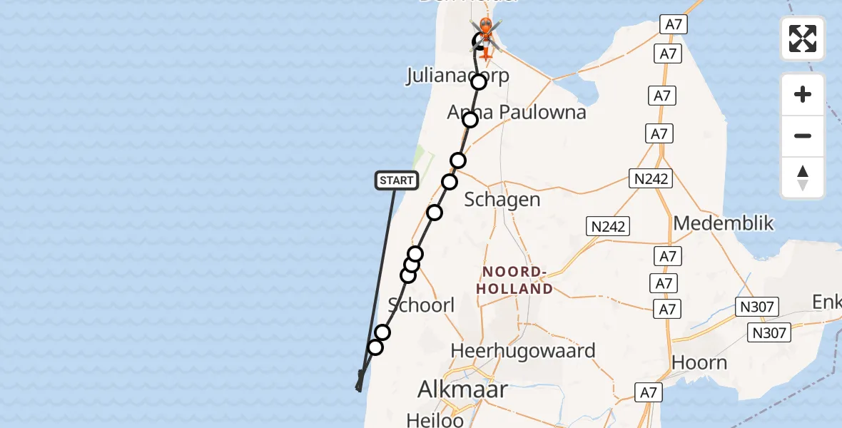 Vluchtroute Kustwachthelikopter Noordzee - Militair vliegveld De Kooy / Den Helder Airport, 23 juni 2026, 18:10