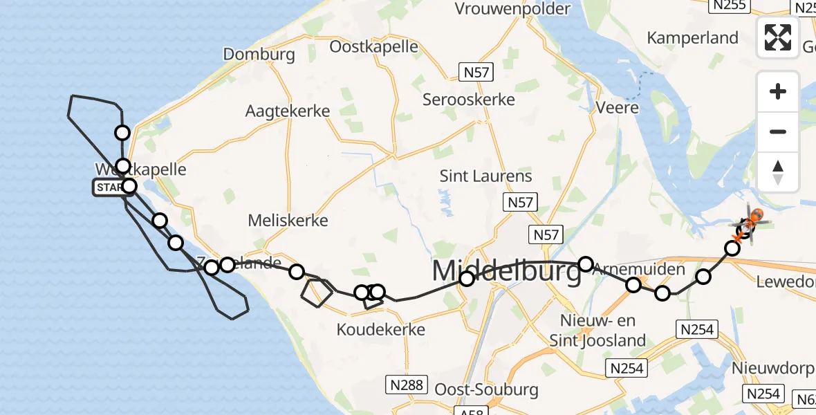 Vluchtroute Kustwachthelikopter Noordzee - Vliegveld Midden-Zeeland, 23 juni 2026, 18:39