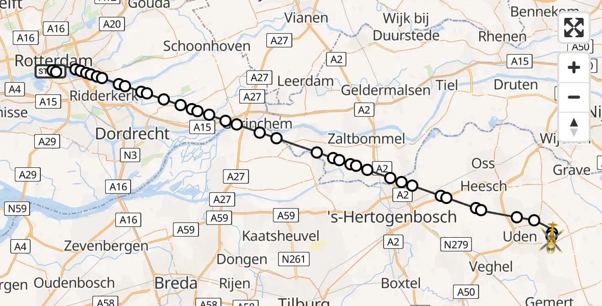 Vluchtroute Traumahelikopter Erasmus MC - Vliegbasis Volkel, 23 juni 2026, 20:09