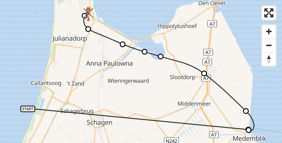 Vluchtroute Kustwachthelikopter Noordzee - Militair vliegveld De Kooy / Den Helder Airport, 23 juni 2026, 21:44