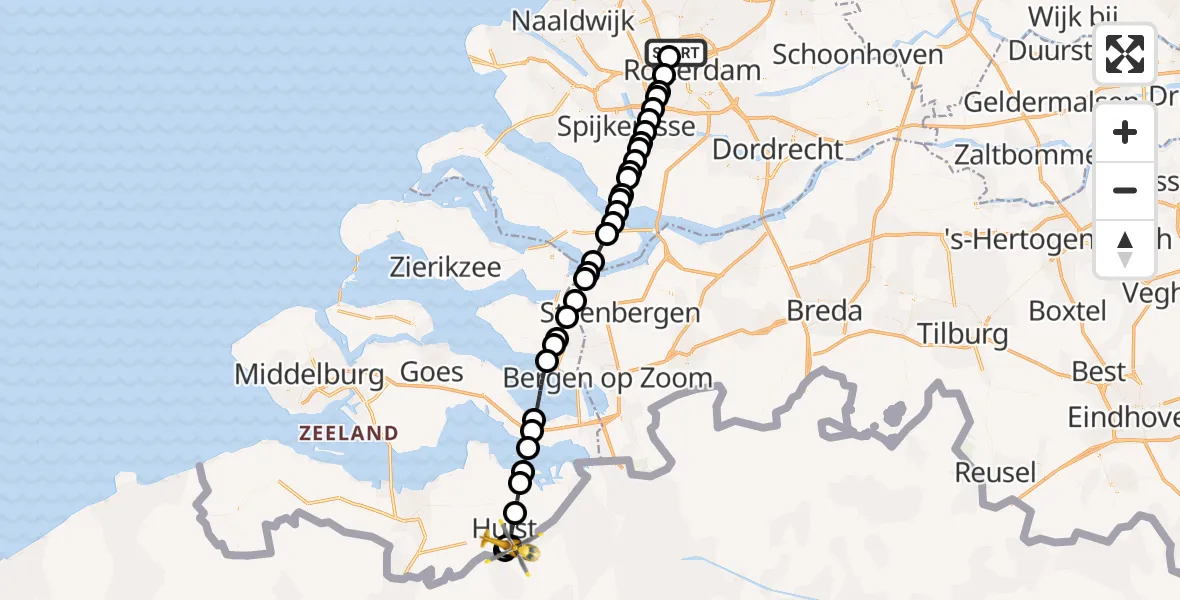 Vluchtroute Traumahelikopter Rotterdam The Hague Airport - Kapellebrug, 23 juni 2026, 23:51