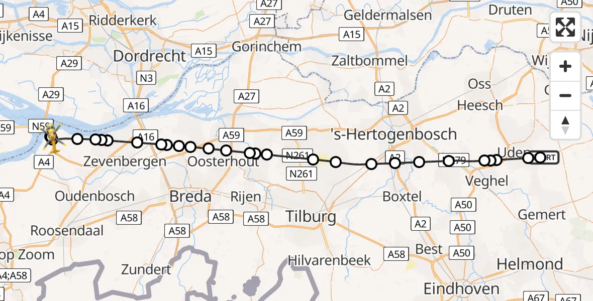 Vluchtroute Traumahelikopter Vliegbasis Volkel - Heijningen, 24 juni 2026, 00:33