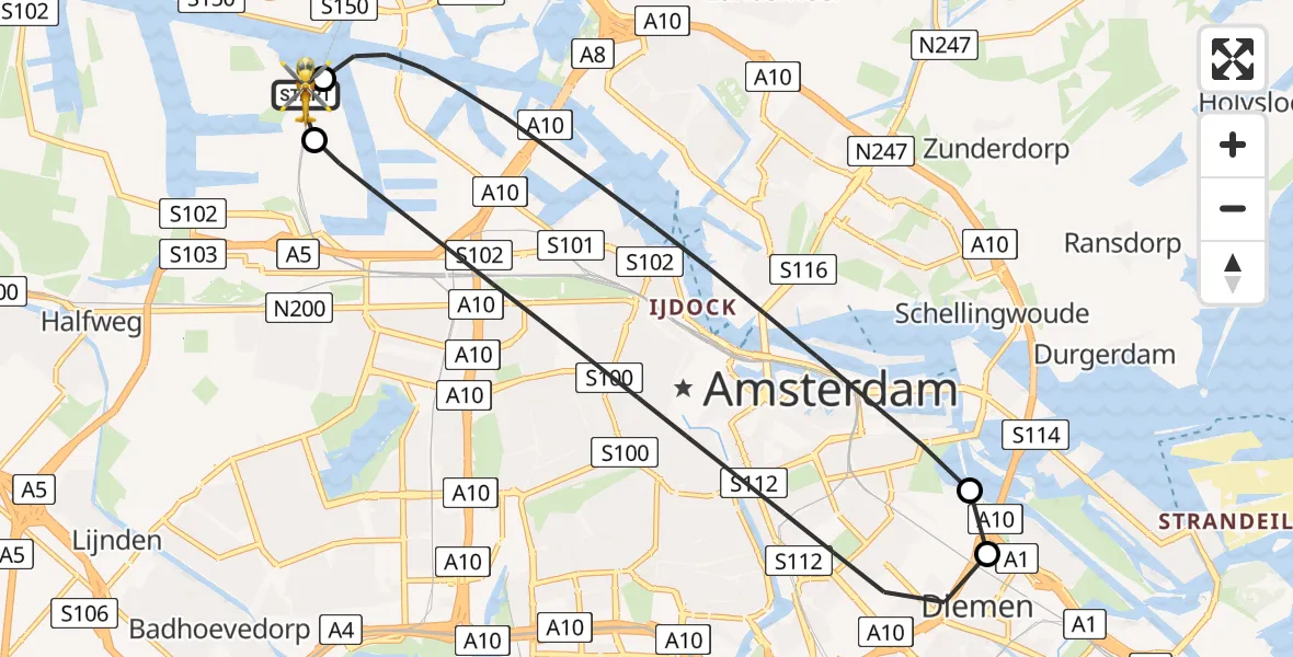 Vluchtroute Traumahelikopter Amsterdam Heliport - Amsterdam Heliport, 24 juni 2026, 00:45