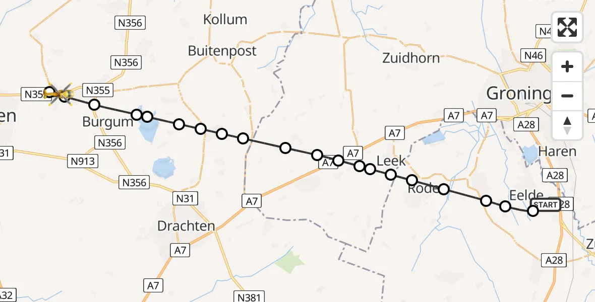 Vluchtroute Traumahelikopter Groningen Airport Eelde - Ryptsjerk, 24 juni 2026, 00:45