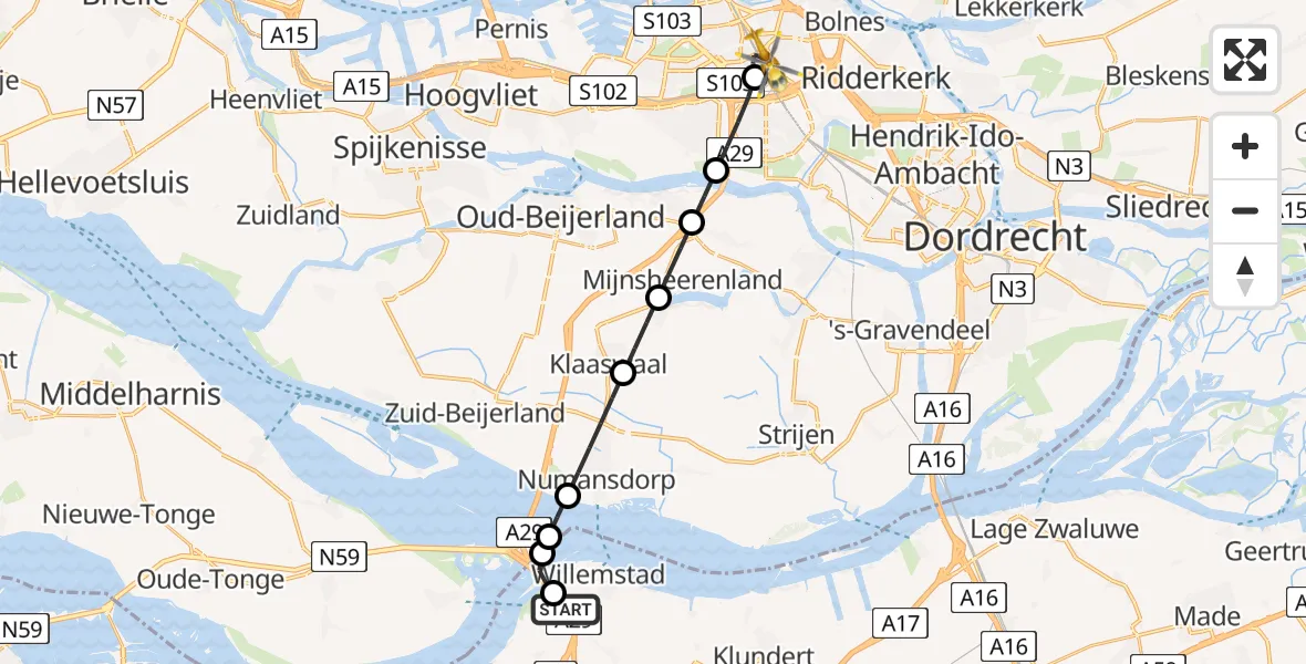 Vluchtroute Traumahelikopter Heijningen - Rotterdam, 24 juni 2026, 01:11