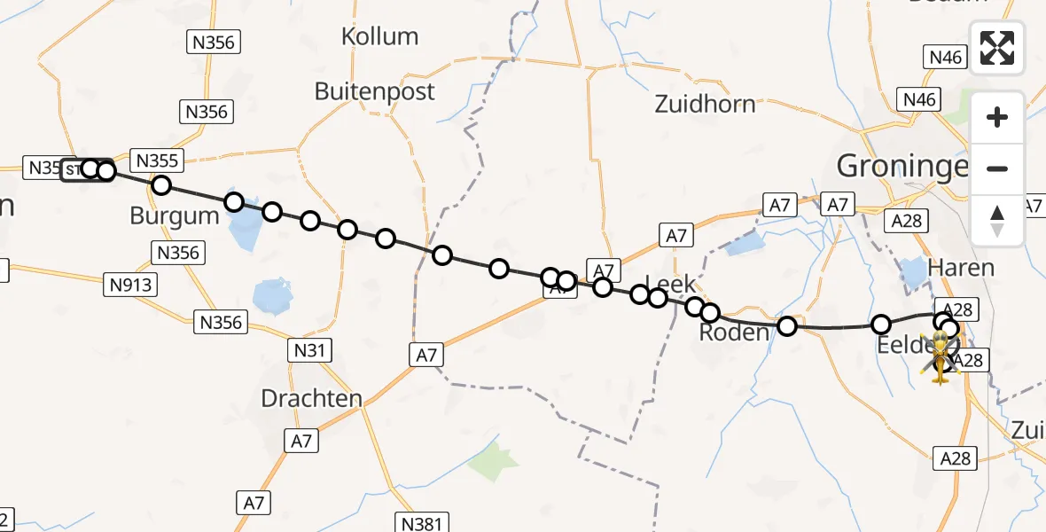 Vluchtroute Traumahelikopter Ryptsjerk - Groningen Airport Eelde, 24 juni 2026, 01:33