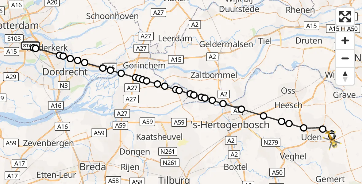 Vluchtroute Traumahelikopter Rotterdam - Vliegbasis Volkel, 24 juni 2026, 01:44