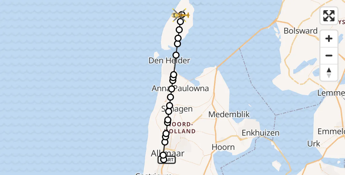 Vluchtroute Ambulancehelikopter Alkmaar - Texel International Airport, 24 juni 2026, 03:05