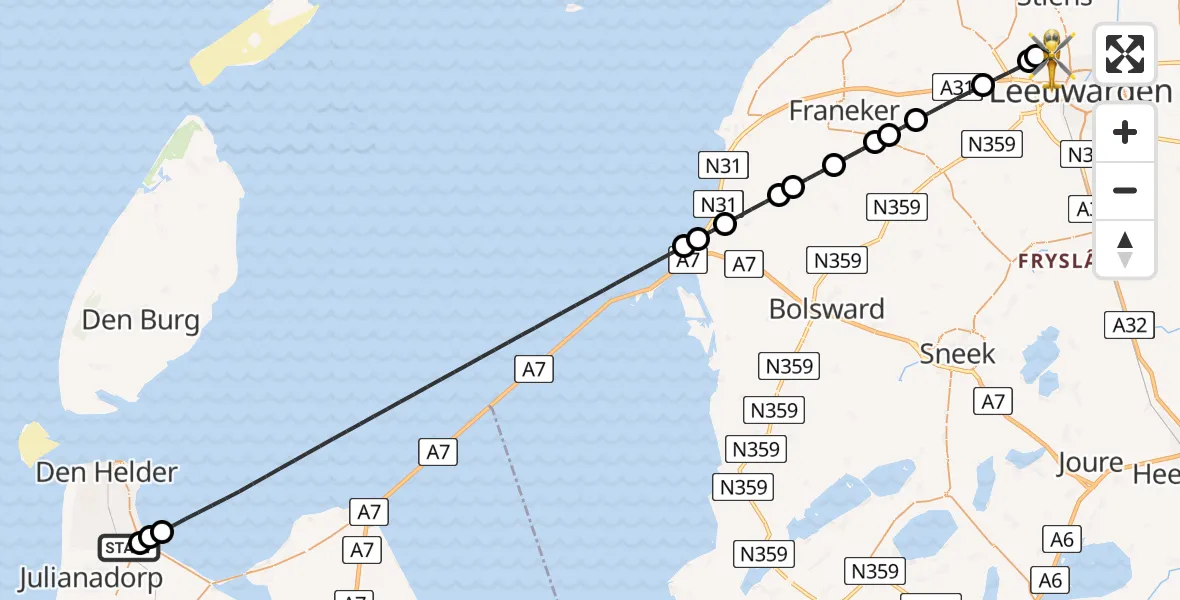 Vluchtroute Ambulancehelikopter Den Helder - Vliegbasis Leeuwarden, 24 juni 2026, 04:04