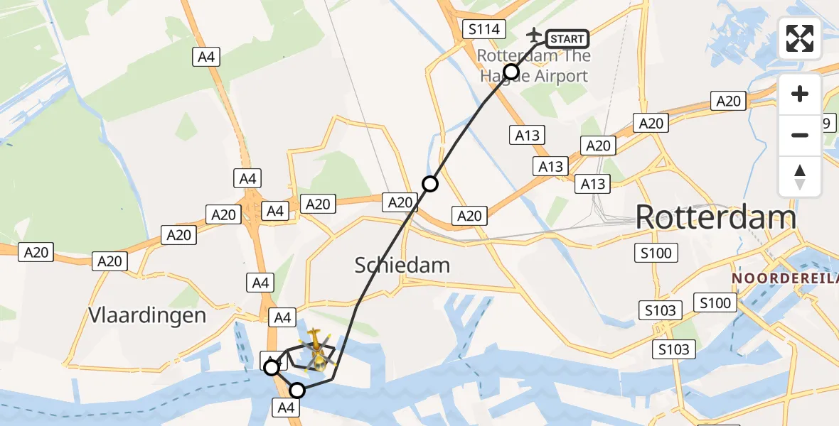 Vluchtroute Traumahelikopter Rotterdam The Hague Airport - Schiedam, 24 juni 2026, 06:03