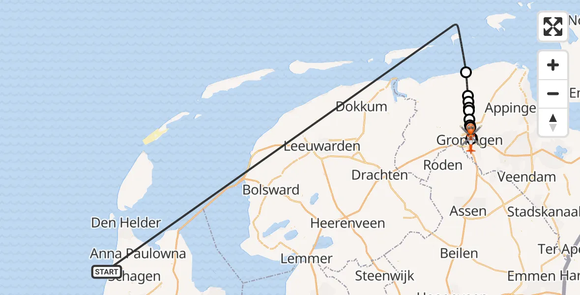 Vluchtroute Kustwachthelikopter Noordzee - Universitair Medisch Centrum Groningen, 24 juni 2026, 06:18
