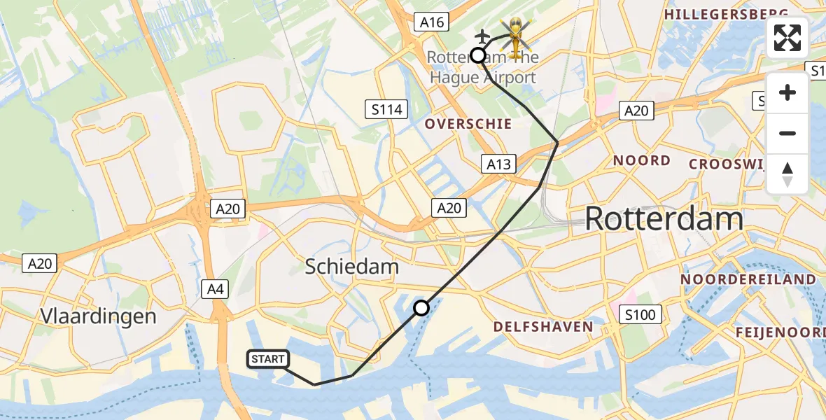 Vluchtroute Traumahelikopter Schiedam - Rotterdam The Hague Airport, 24 juni 2026, 06:20