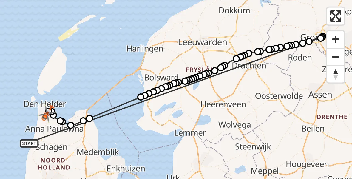 Vluchtroute Kustwachthelikopter Noordzee - Militair vliegveld De Kooy / Den Helder Airport, 24 juni 2026, 06:51