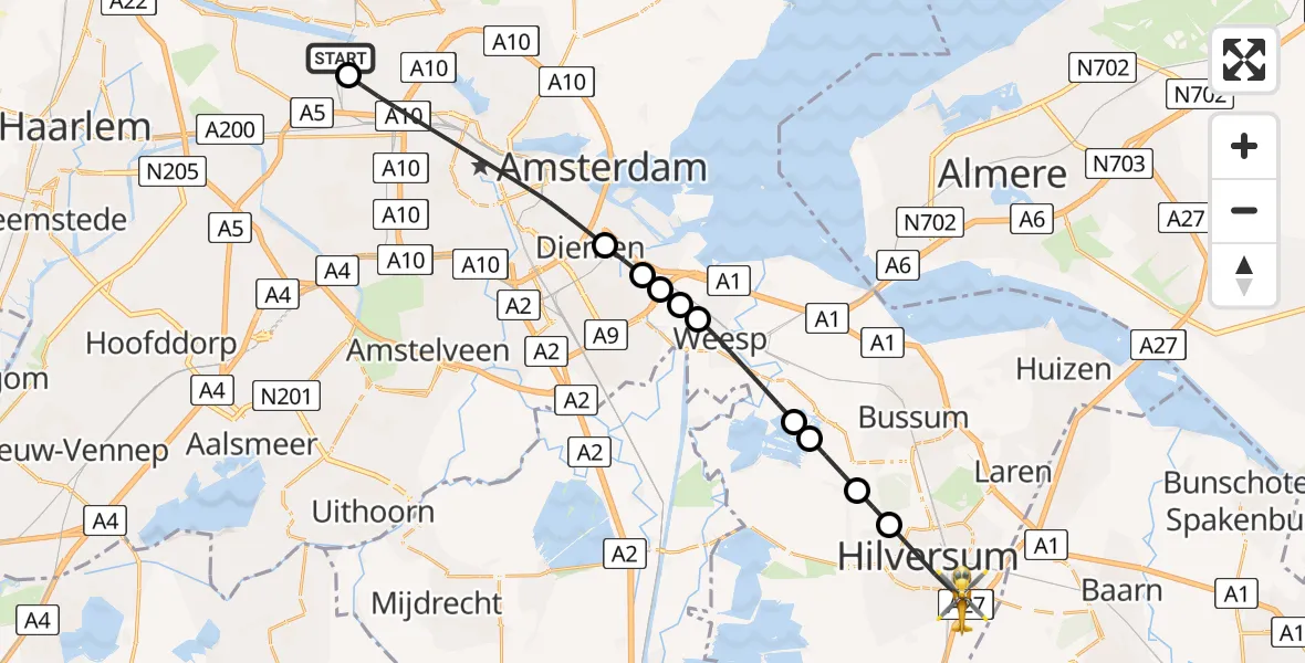 Vluchtroute Traumahelikopter Amsterdam Heliport - Hilversum, 24 juni 2026, 06:54
