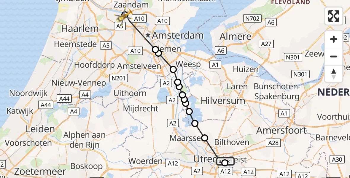 Vluchtroute Traumahelikopter Universitair Medisch Centrum Utrecht - Amsterdam Heliport, 24 juni 2026, 07:51