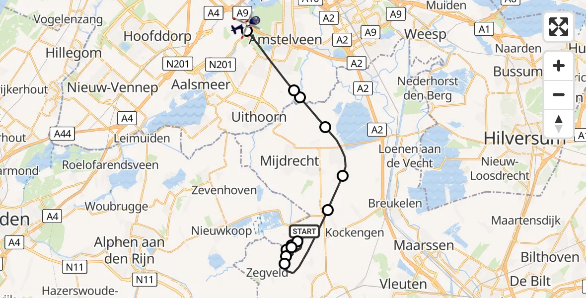 Vluchtroute Politiehelikopter Kamerik - Amsterdam Vliegveld Schiphol, 24 juni 2026, 08:45