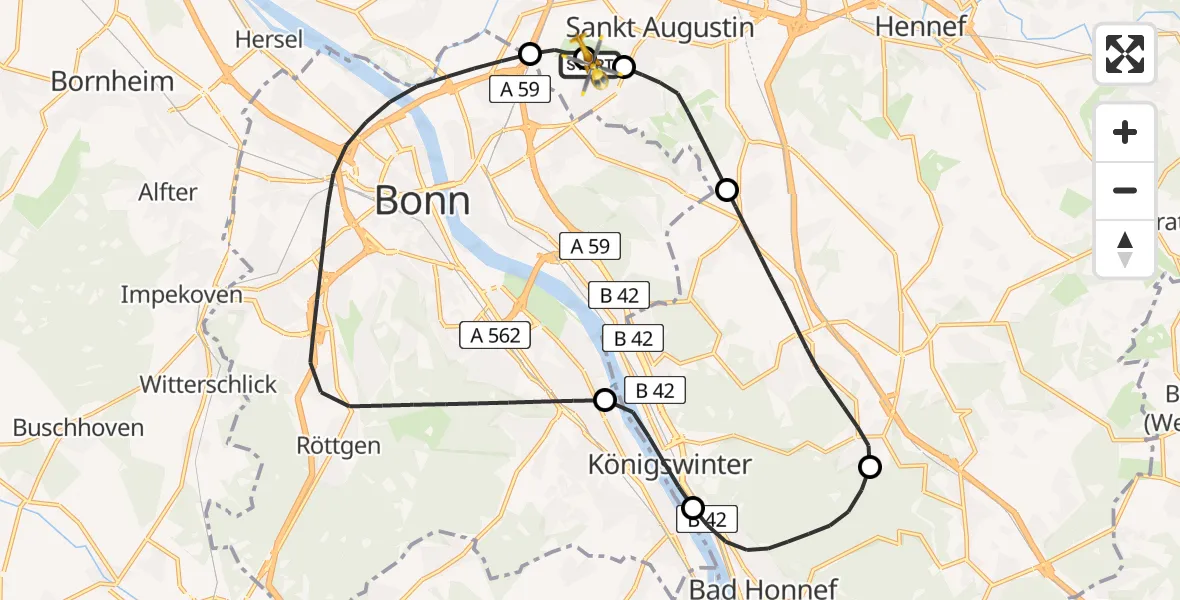 Vluchtroute Traumahelikopter Bonn-Hangelar Flugplatz - Bonn-Hangelar Flugplatz, 24 juni 2026, 08:58