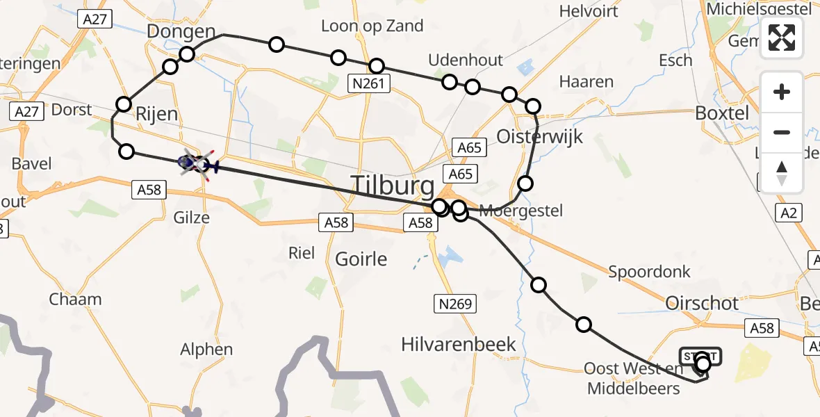 Vluchtroute Politiehelikopter Oirschot - Vliegbasis Gilze Rijen, 24 juni 2026, 09:24