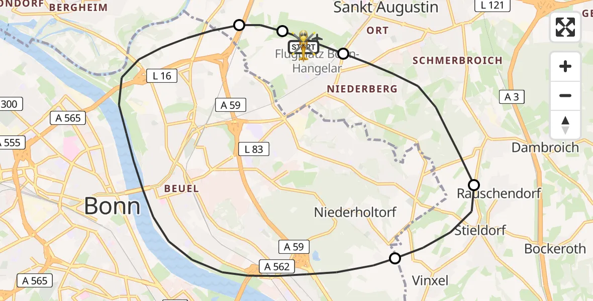 Vluchtroute Ambulancehelikopter Bonn-Hangelar Flugplatz - Bonn-Hangelar Flugplatz, 24 juni 2026, 10:02