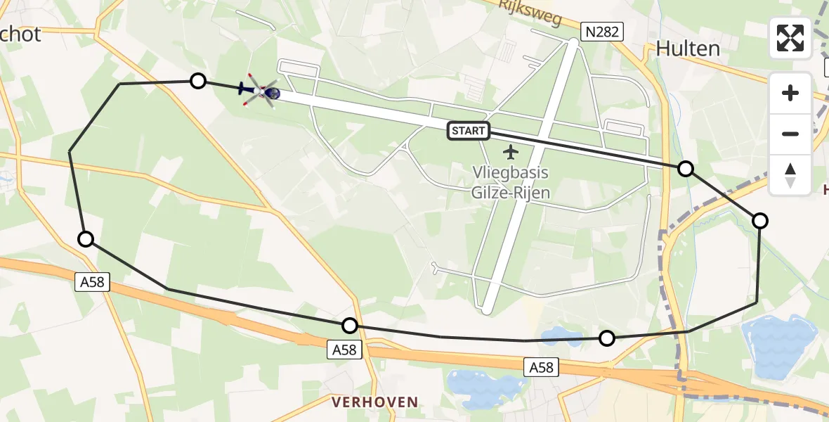 Vluchtroute Politiehelikopter Vliegbasis Gilze Rijen - Vliegbasis Gilze Rijen, 24 juni 2026, 10:19