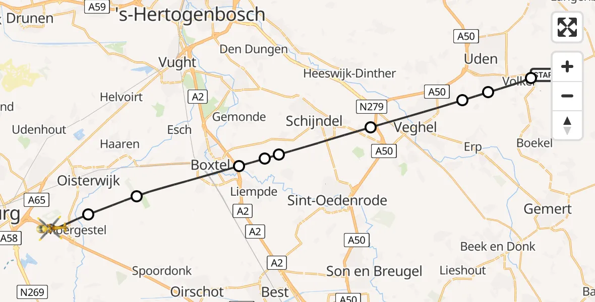 Vluchtroute Traumahelikopter Vliegbasis Volkel - Moergestel, 24 juni 2026, 10:50
