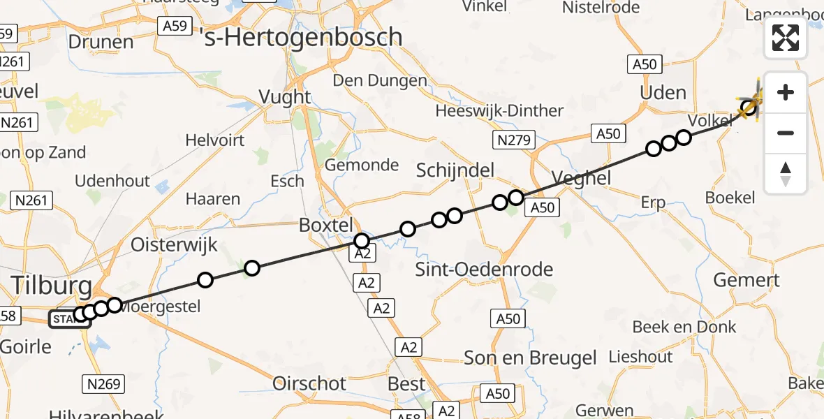 Vluchtroute Traumahelikopter St. Elisabeth Hospital Heliport - Vliegbasis Volkel, 24 juni 2026, 11:31