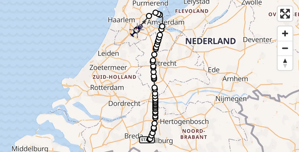 Vluchtroute Politiehelikopter Vliegbasis Gilze Rijen - Amsterdam Vliegveld Schiphol, 24 juni 2026, 12:00