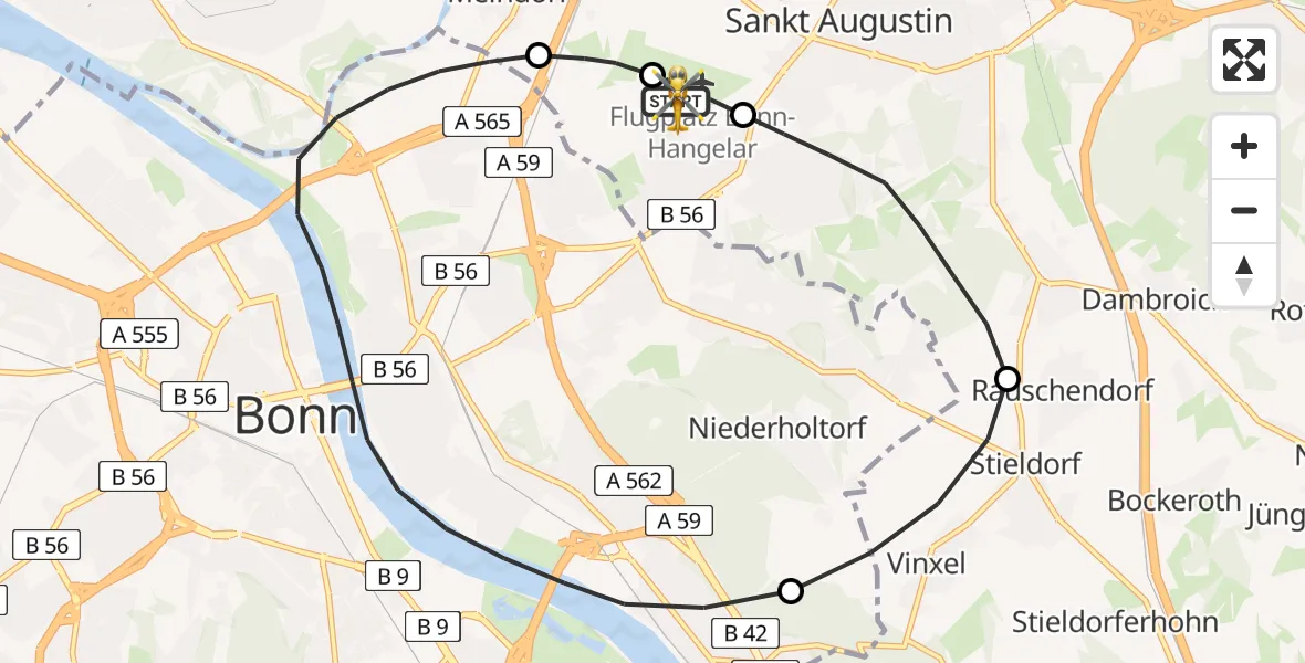 Vluchtroute Ambulancehelikopter Bonn-Hangelar Flugplatz - Bonn-Hangelar Flugplatz, 24 juni 2026, 12:05