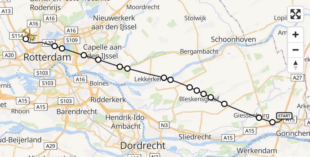 Vluchtroute Traumahelikopter Gorinchem - Rotterdam The Hague Airport, 24 juni 2026, 13:03