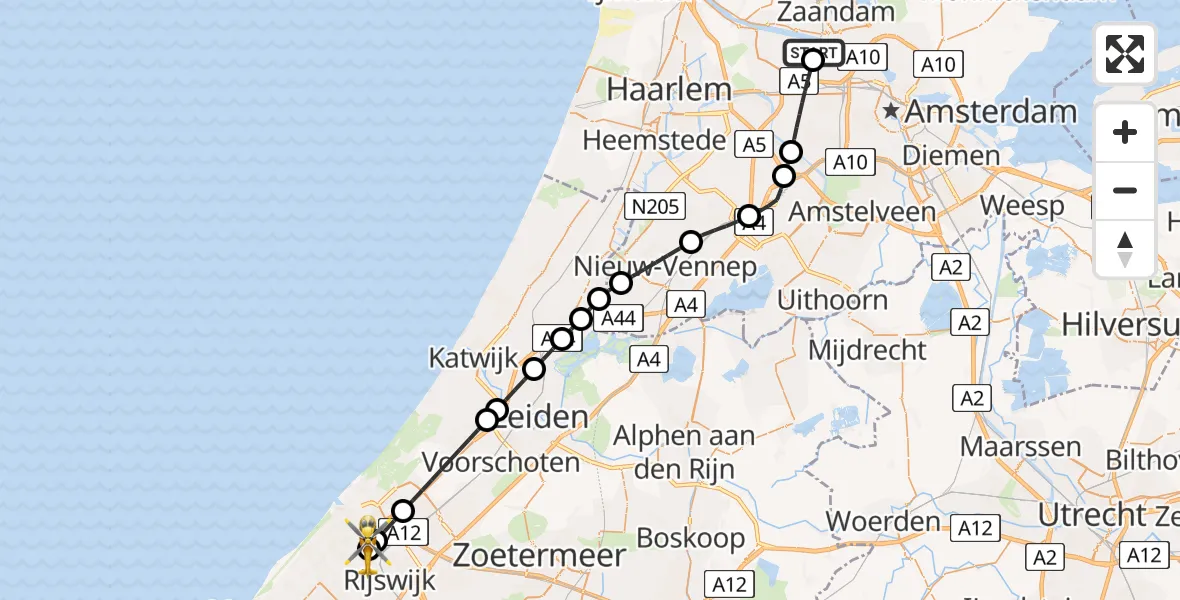 Vluchtroute Traumahelikopter Amsterdam Heliport - 's-Gravenhage, 24 juni 2026, 13:32