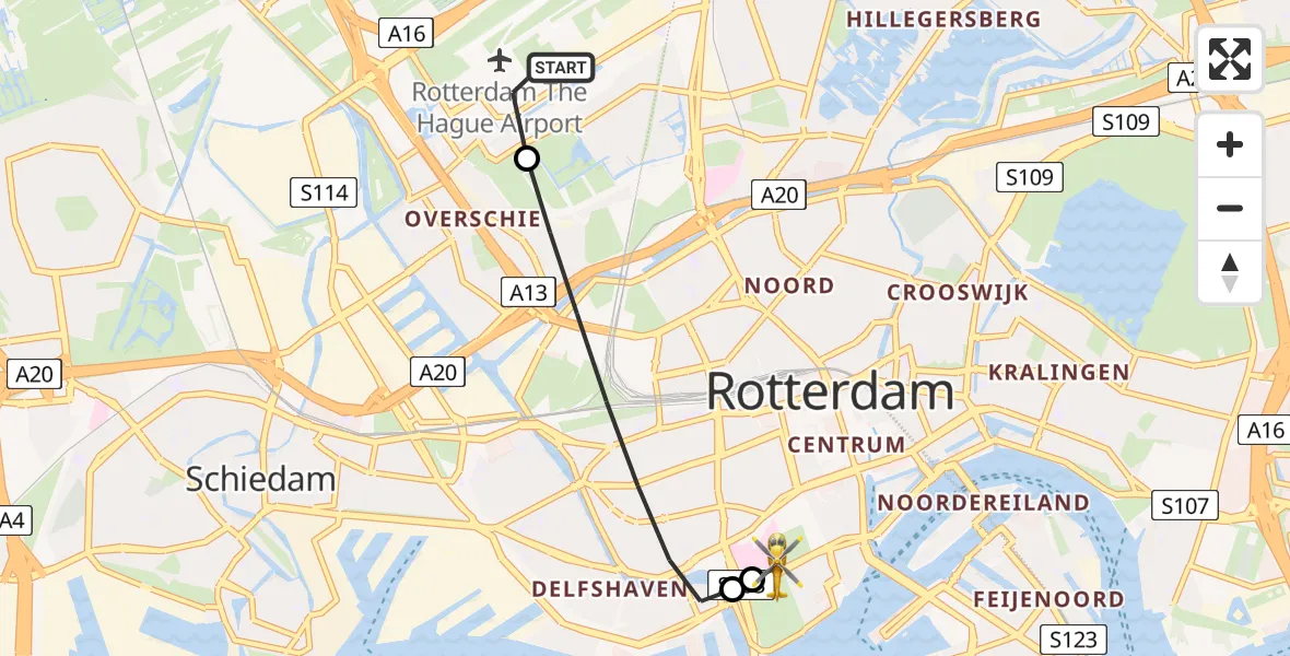 Vluchtroute Traumahelikopter Rotterdam The Hague Airport - Erasmus MC, 24 juni 2026, 13:33