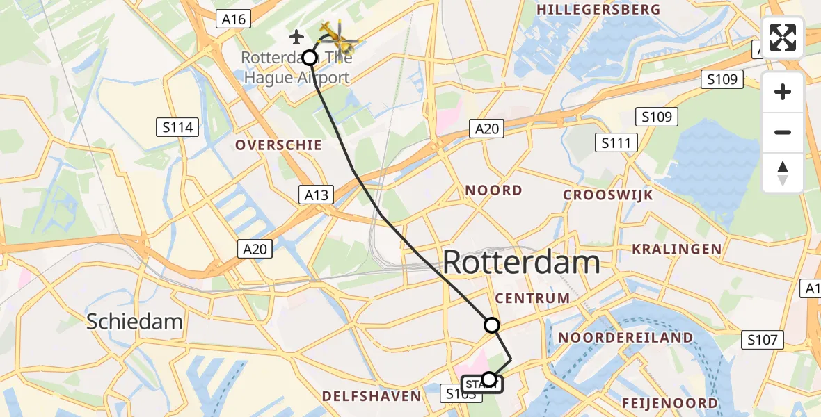 Vluchtroute Traumahelikopter Erasmus MC - Rotterdam The Hague Airport, 24 juni 2026, 13:54